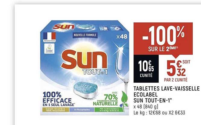 tablettes lave vaisselle ecolabel sun tout en 1 -100% sur le 2ème