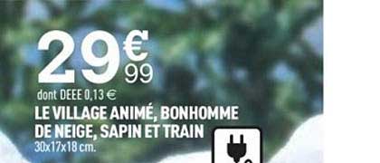 village animé bonhomme de neige sapin et train