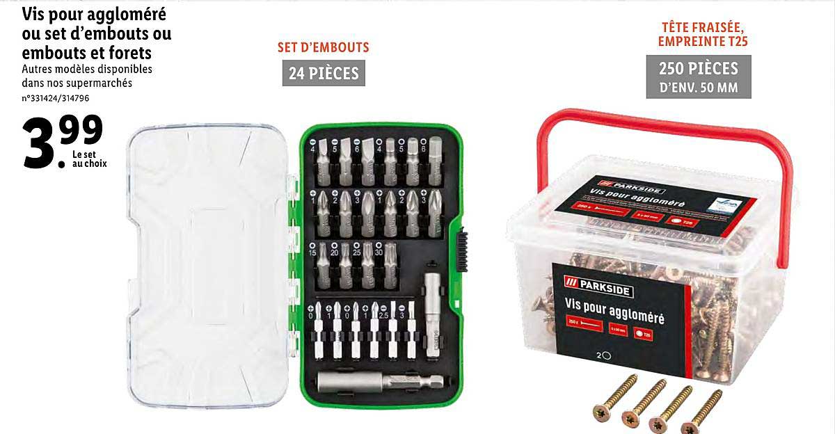 vis pour aggloméré ou set d'embouts ou embouts et forets