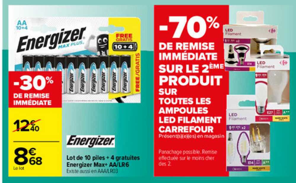 lot de 10 piles + 4 gratuites energizer max+ aa-lr6, ampoules led filament carrefour