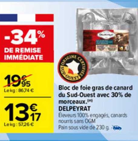 bloc de foie gras de canard du sud-ouest avec 30% de morceaux delpeyrat