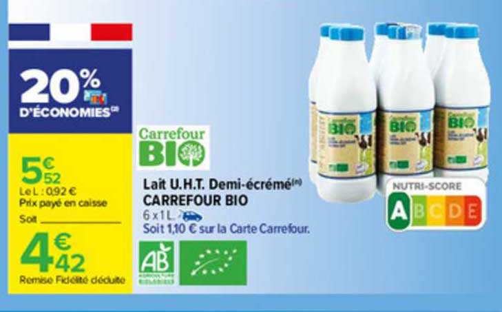 lait u.h.t. demi-écrémé carrefour bio