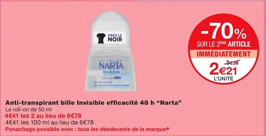 anti-transpirant bille invisible efficacité 48 h "narta"