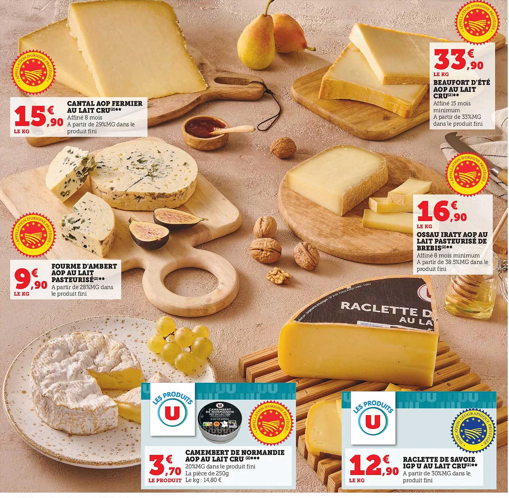 cantal fermier au lait cru, fourme d'ambert aop au lait pasteurisé, camembert de normandie aop au lait cru, beaufort d'été aop au lait cru, ossau iraty aop au lait pasteurisé de brebis