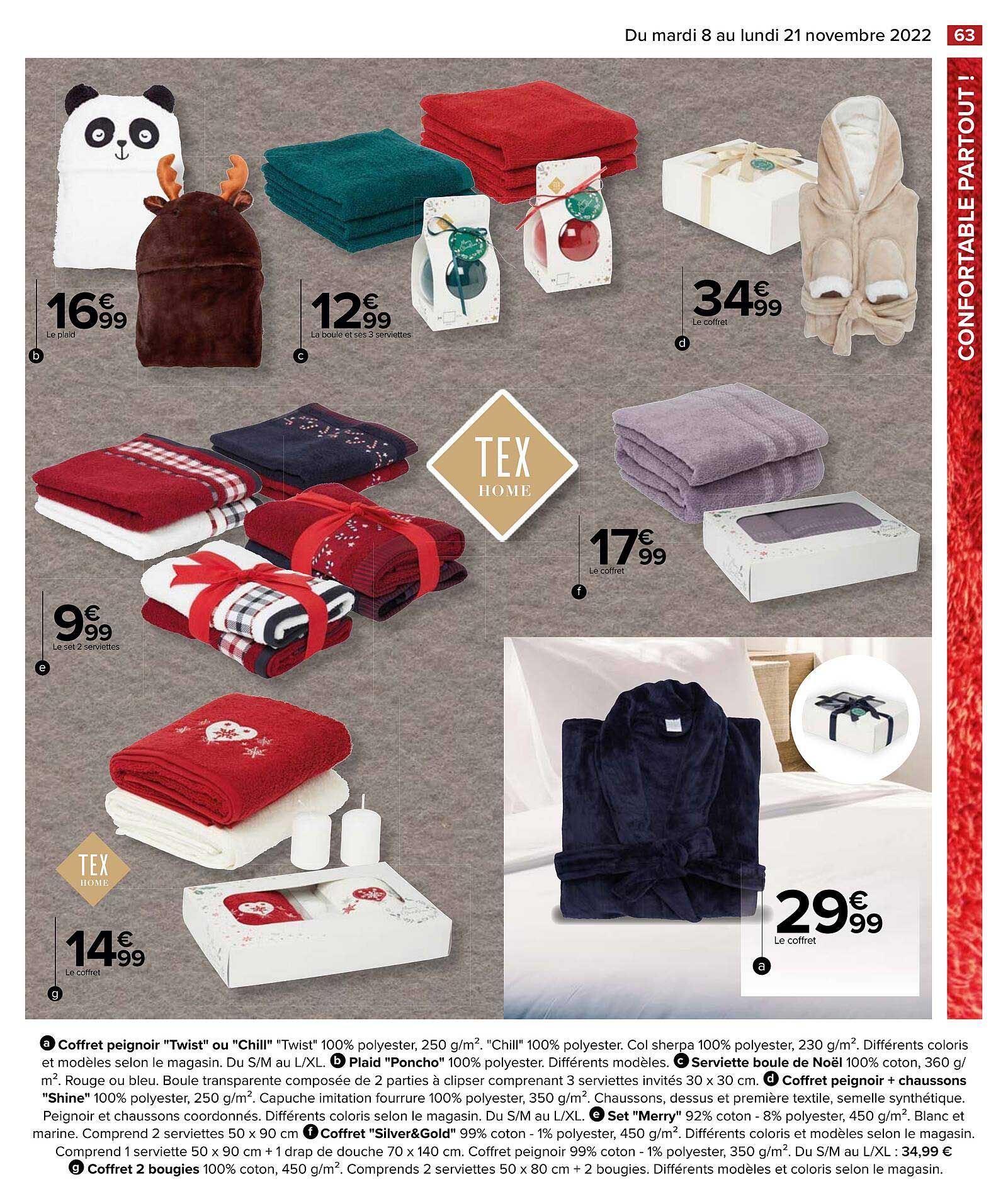 coffret peignoir "twist" ou "chill", plaid "poncho, serviette boule de noël, coffret peignoir + chaussons "shine", set "merry", coffret "silver&gold", coffret 2 bougies