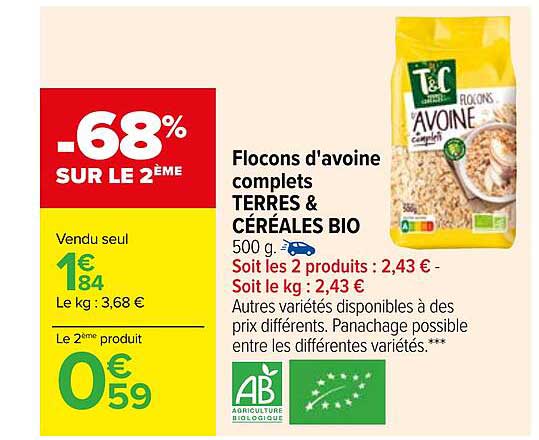 flocons d'avoine complets terres & céréales bio