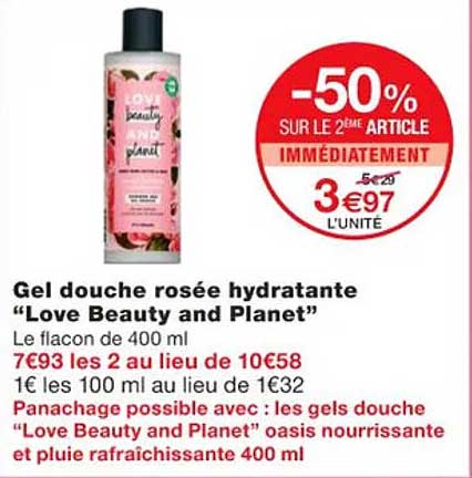 gel douche rosée hydratante "love beauty and planet"