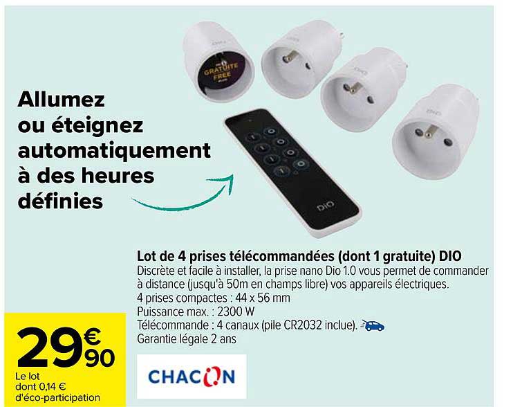 lot de 4 prises télécommandées (dont 1 gratuite) dio chacon