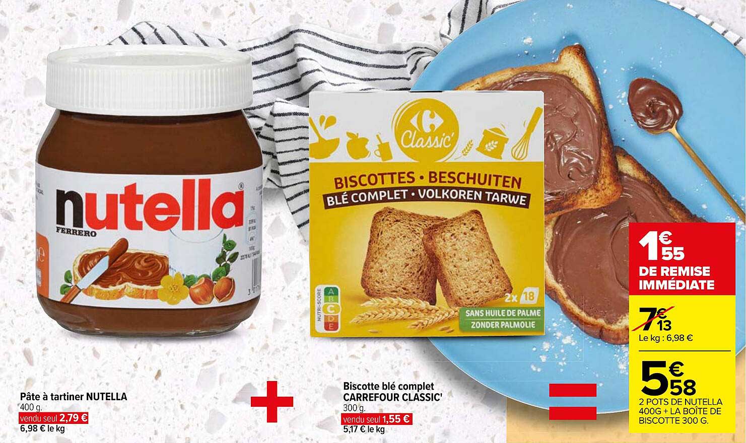 Pâte à Tartiner Nutella + Biscotte Blé Complet Carrefour Classic'