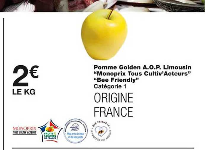 pomme golden a.o.p. limousin "monoprix tous cultiv'acteurs" "bee friendly"