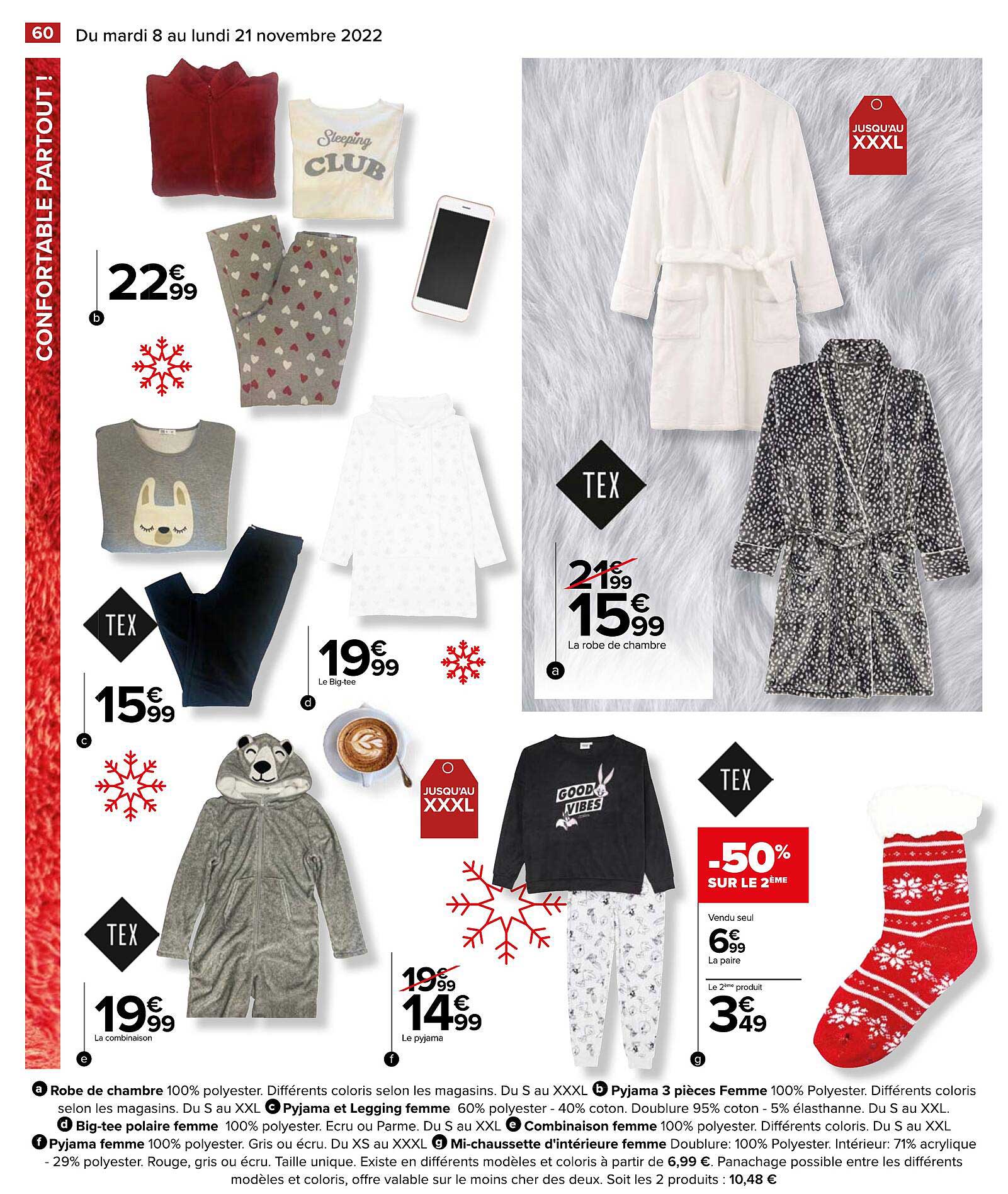 robe de chambre, pyjama 3 pièces femme, pyjama et legging femme, big-tee polaire femme, combinaison femme, pyjama homme, mi-chaussette d'interieur femme,