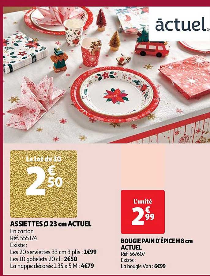 assiettes ø 23 cm actuel, bougie pain d'épice h. 8 cm actuel