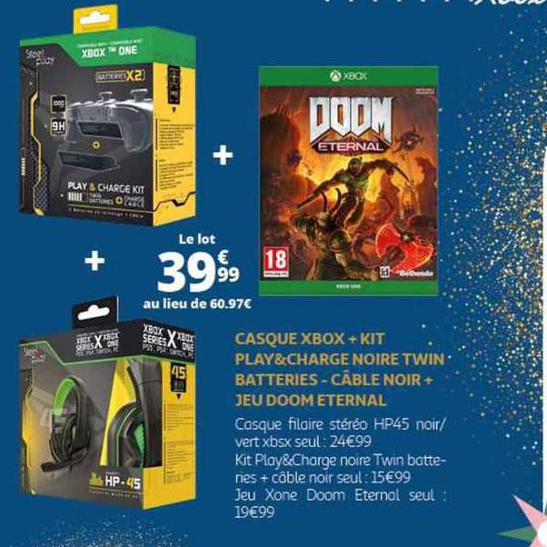 casque xbox + kit play&charge noire twin batteries - câble noir + jeu doom eternal