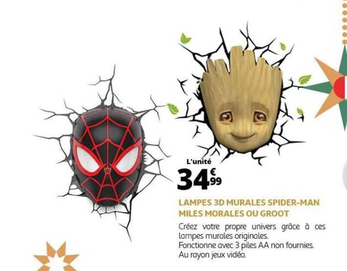 lampes 3d murales spider-man miles morales ou groot