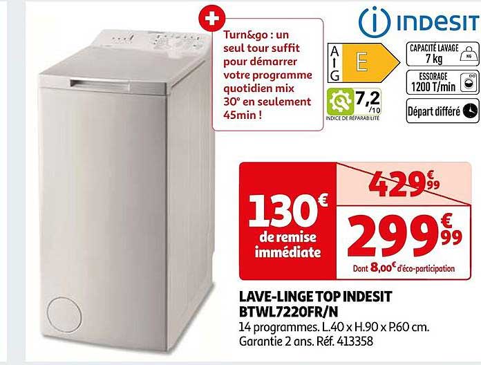 lave-linge top indesit btwl7220fr/n