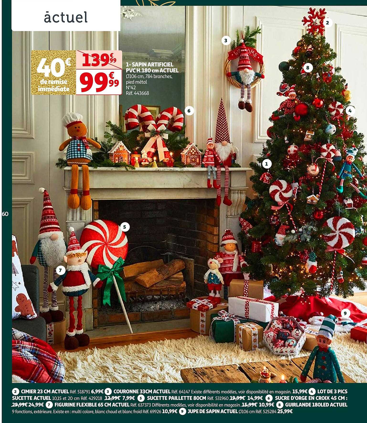 sapin artividiel pvc h. 180 cm actuel, cimier 23 cm actuel, couronne 33 cm actuel, lot de 3 pics sucette actuel, sucette pailleté 80 cm, sucre d'orge en croix 45 cm, figurine flexible 65 cm actuel