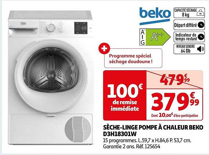 sèche-linge pompe à chaleur beko d3h18301w