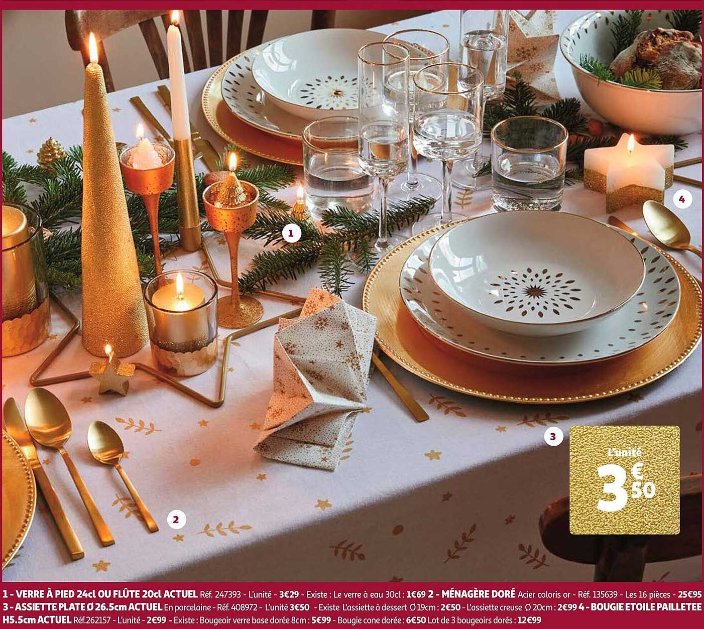 verre à pied 24 cl ou flûte 20 cl actuel, ménagère doré, assiette plate ø 26.5 cm actuel, bougie étoile pailletée h.5.5 cm actuel
