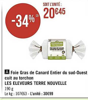 foie gras de canard entier du sud-ouest cuit au torchon les éleveurs terre nouvelle