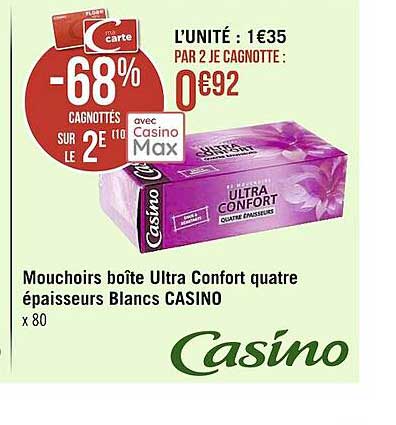 mouchoirs boîte ultra confort quatre épaisseurs blancs casino
