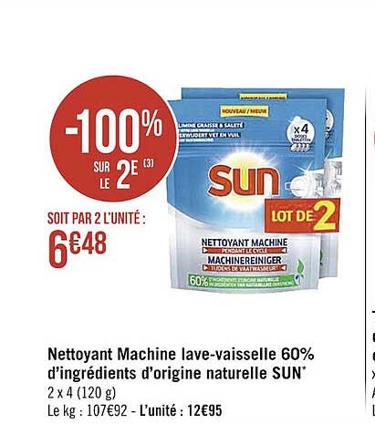 nettoyant machine lave-vaisselle 60% d'ingrédients d'origine naturelle sun
