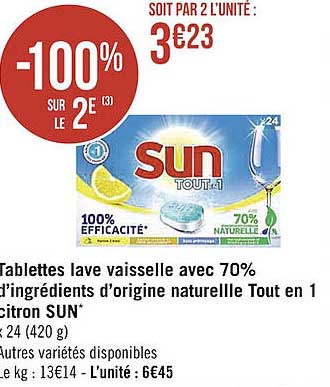 tablette lave vaisselle avec 70% d'ingrédients d'origine naturelle tout en 1 citron sun