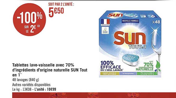 tablettes lave-vaisselle avec 70% d'ingrédients d'origine naturelle sun tout en 1
