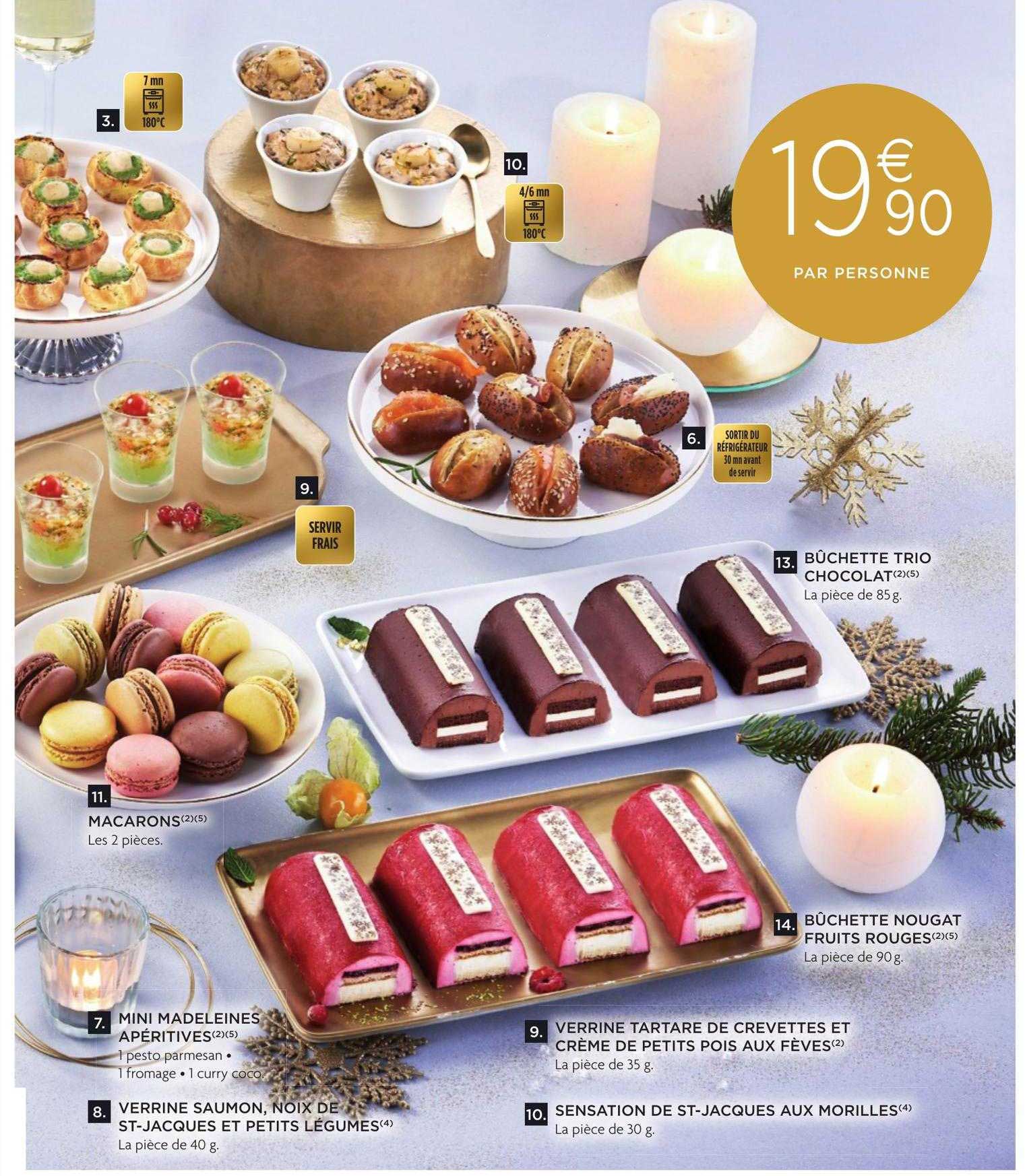 macarons, bûchette trio chocolat, bûchette nougat fruits rouges, verrine tartare de crevettes et crème de petits pois aux fèves, sensation de st-jacques aux morilles, verrine saumon