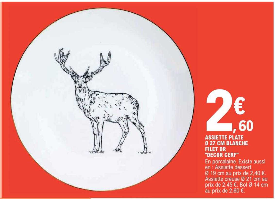 assiette plate ø 27 cm blanche filet or "décor cerf"