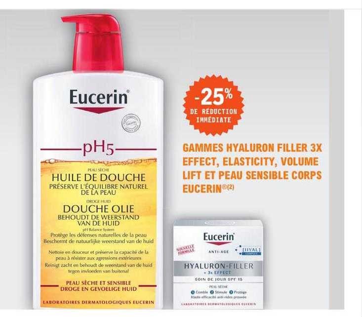 gammes hyaluron filler 3x effect, elast, volume lift et peau sensible corps eucerin