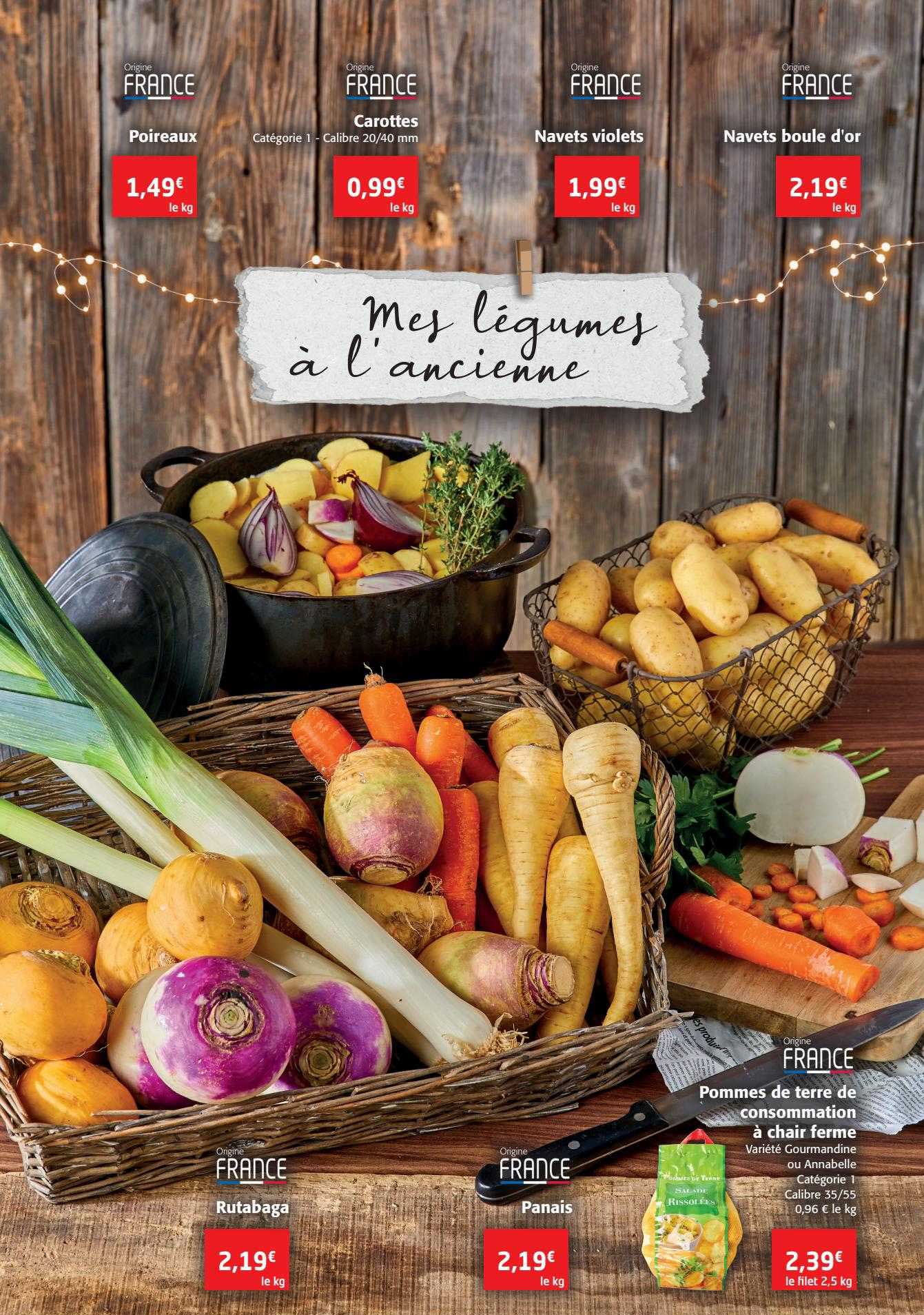 pommes de terre de consommation à chair ferme, navets boule d'or, navets violets, carottes, poireaux, rutabaga, panais