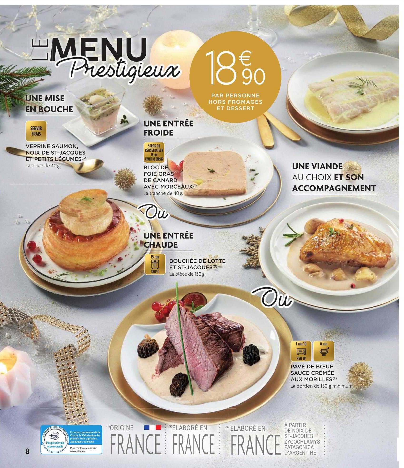 verrine saumon noix de st-jacques et petits légumes, bloc de foie gras de canard avec morceaux, bouchée de lotte et st-jacques, pavé de bœuf sauce crémée aux morilles