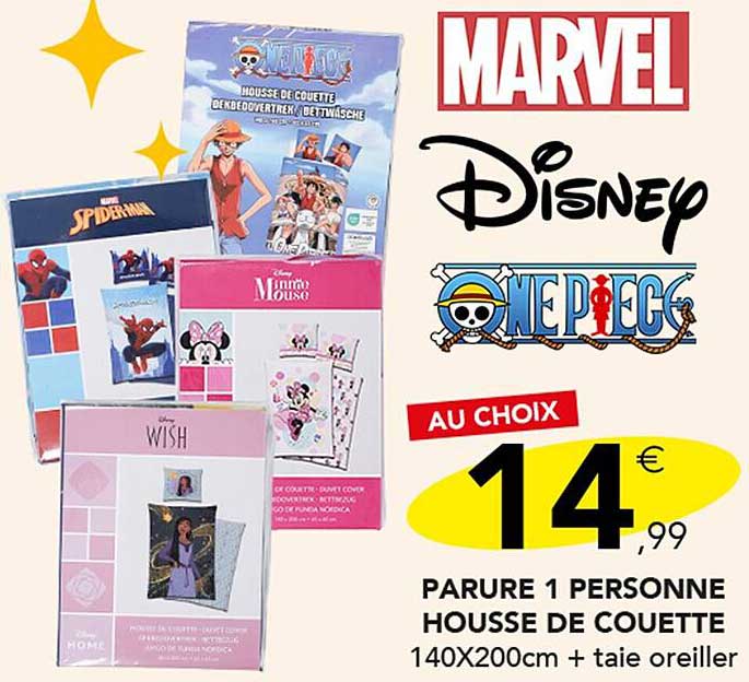 parure 1 personne housse de couette marvel, disney, one piece