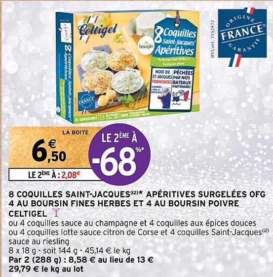 8 coquilles saint-jacques apéritives surgelées ofg 4 au boursin fines herbes et 4 au boursin poivre celtigel