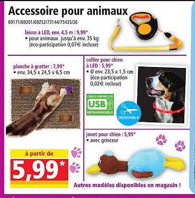 accessoire pour animaux : laisse à led, planche à gratter, collier pour chien à led, jouet pour chien