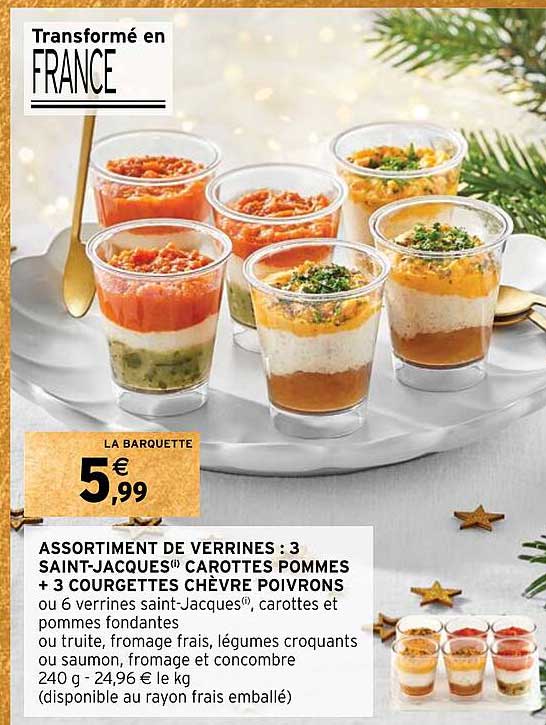 assortiment de verrines : 3 saint-jacques carottespommes + 3 courgettes chevre poivrons