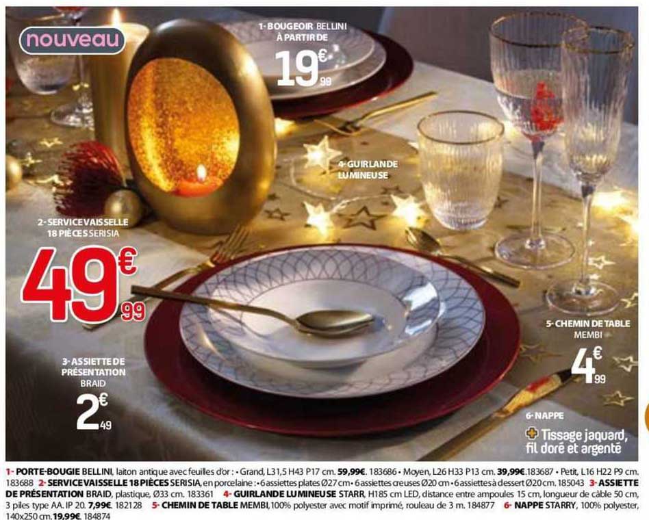 bougeoir bellini, service vaisselle 18 pièces serisia, assiette de présentation braid, guirlande lumineuse, chemin de table membi, nappe