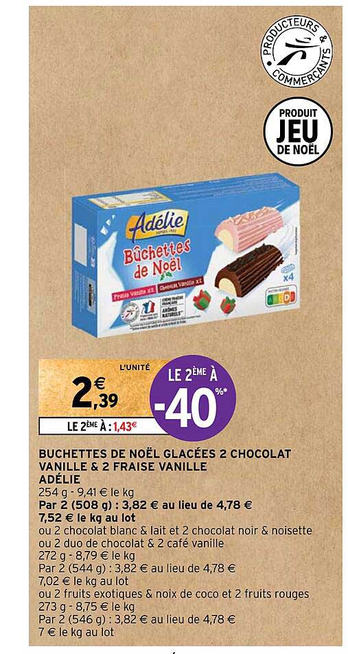 Buchettes De Noël Glacées 2 Chocolat Vanille & 2 Fraise Vanille Adélie