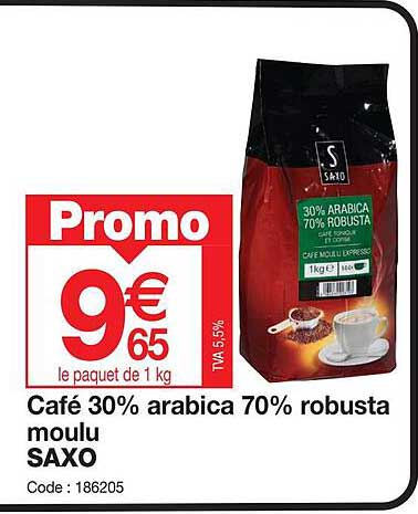 cafe 30% arabica 70% robusta moulu saxo