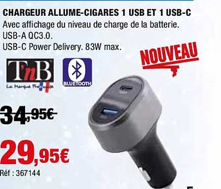 chargeur allume-cigares 1 usb et 1 usb-c tnb