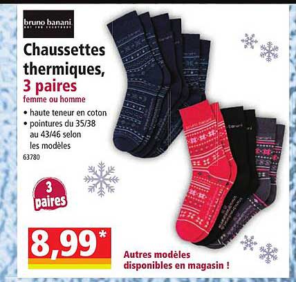 chaussettes thermiques, 3 paires femme ou homme bruno banani