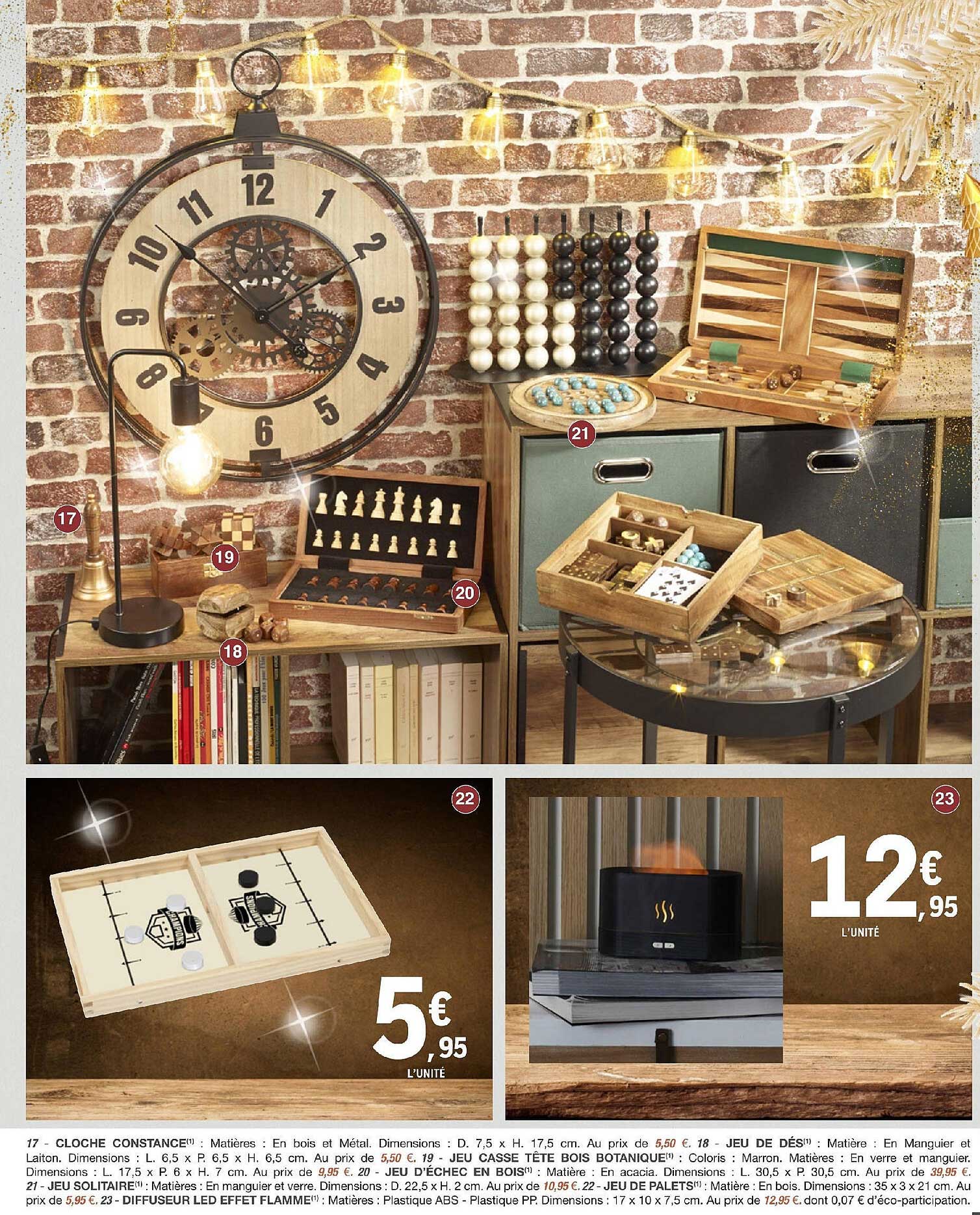 cloche constance, jeu de dés, jeu casse tête bois botanique, jeu solaire, jeu de palets, diffuseur led effet flamme