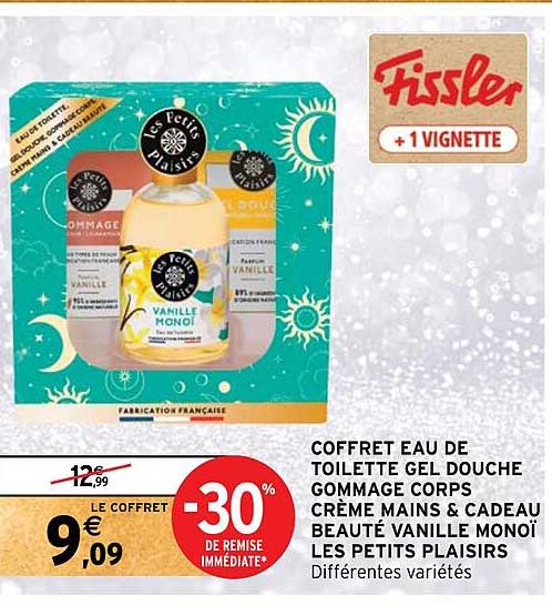 coffret eau de toilette gel douche  gommage coprs creme mains & cadeau beaute vanille monoi les petits plaisirs
