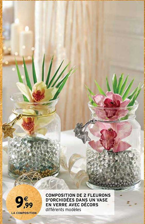 composition de 2 fleurons d'orchidées dans un vase en verre avec décors