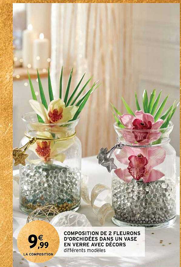 composition de 2 fleurons d'orchidées dans un vase en verre avec décors