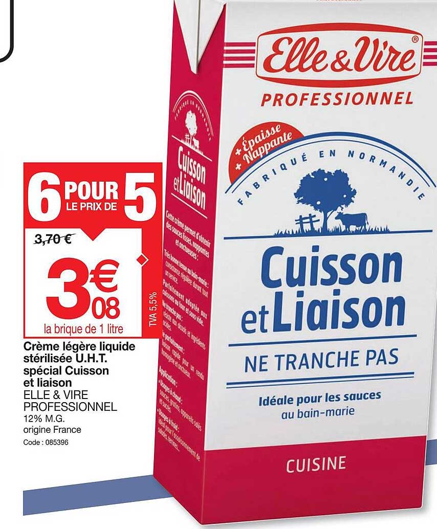 crème légère liquide stérilisée u.h.t. spécial cuisson et liaison