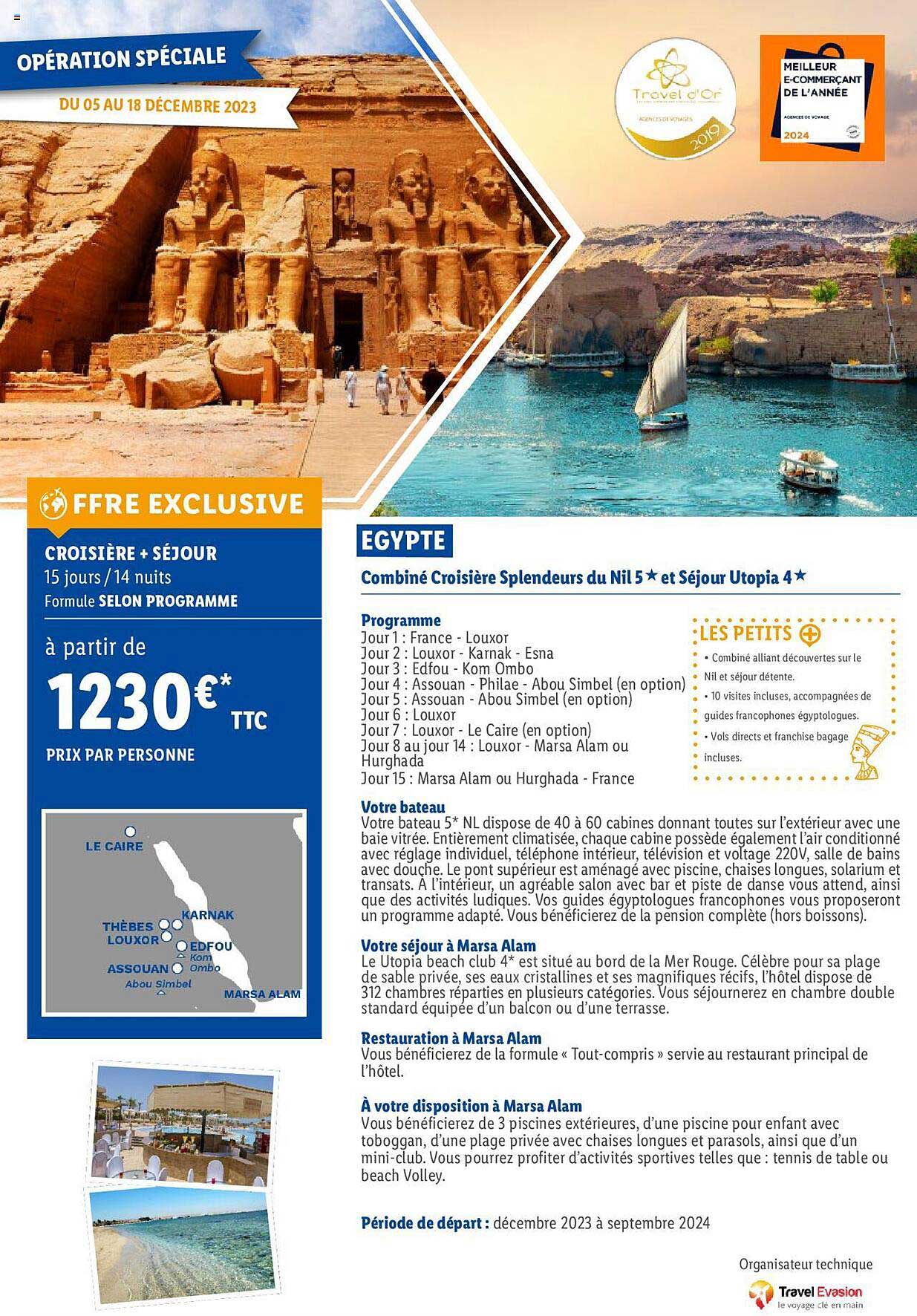 egypte : combiné croisière splendeurs du nil 5* et séjour utopia 4*