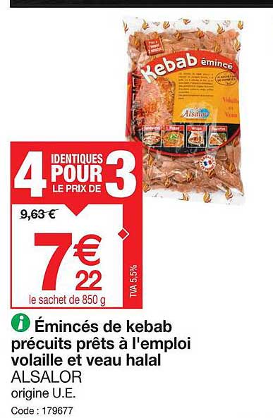 émincés de kebab précuits prêts à l'emploi volaille et veau halal alsalor