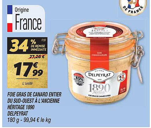 foie gras de canard entier du sud-ouest à l'ancienne héritage 1890 delpeyrat