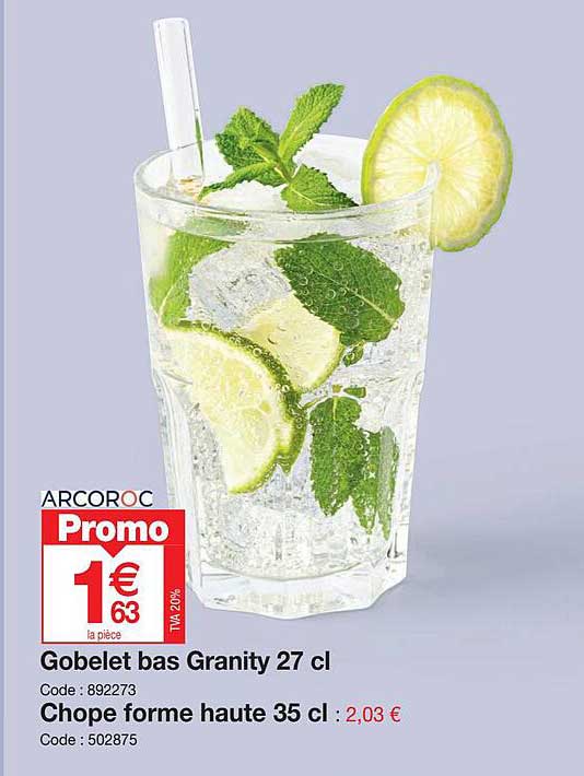 gobelet bas granity 27 cl, chope forme haute 35 cl